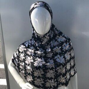 2 Piece Adult Extra Long Hijab Black with Silver Flower